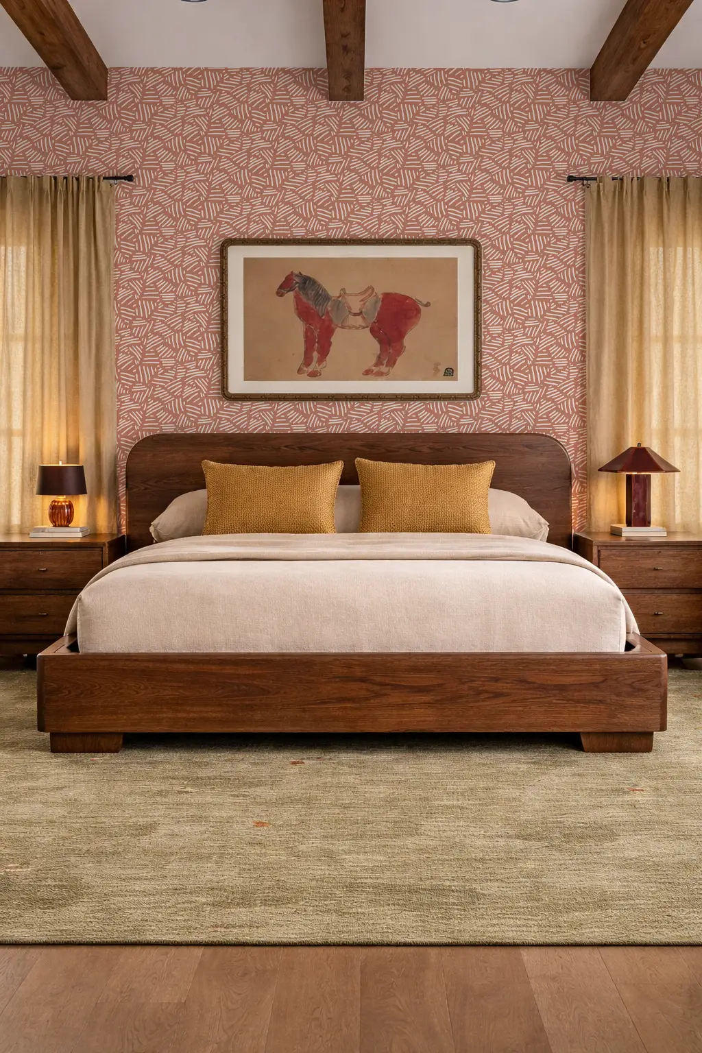 Simple Stripes Wallpaper Terracotta with white stripe motif in a warm bedroom with a wooden bed on Tampa Home & Garden Store