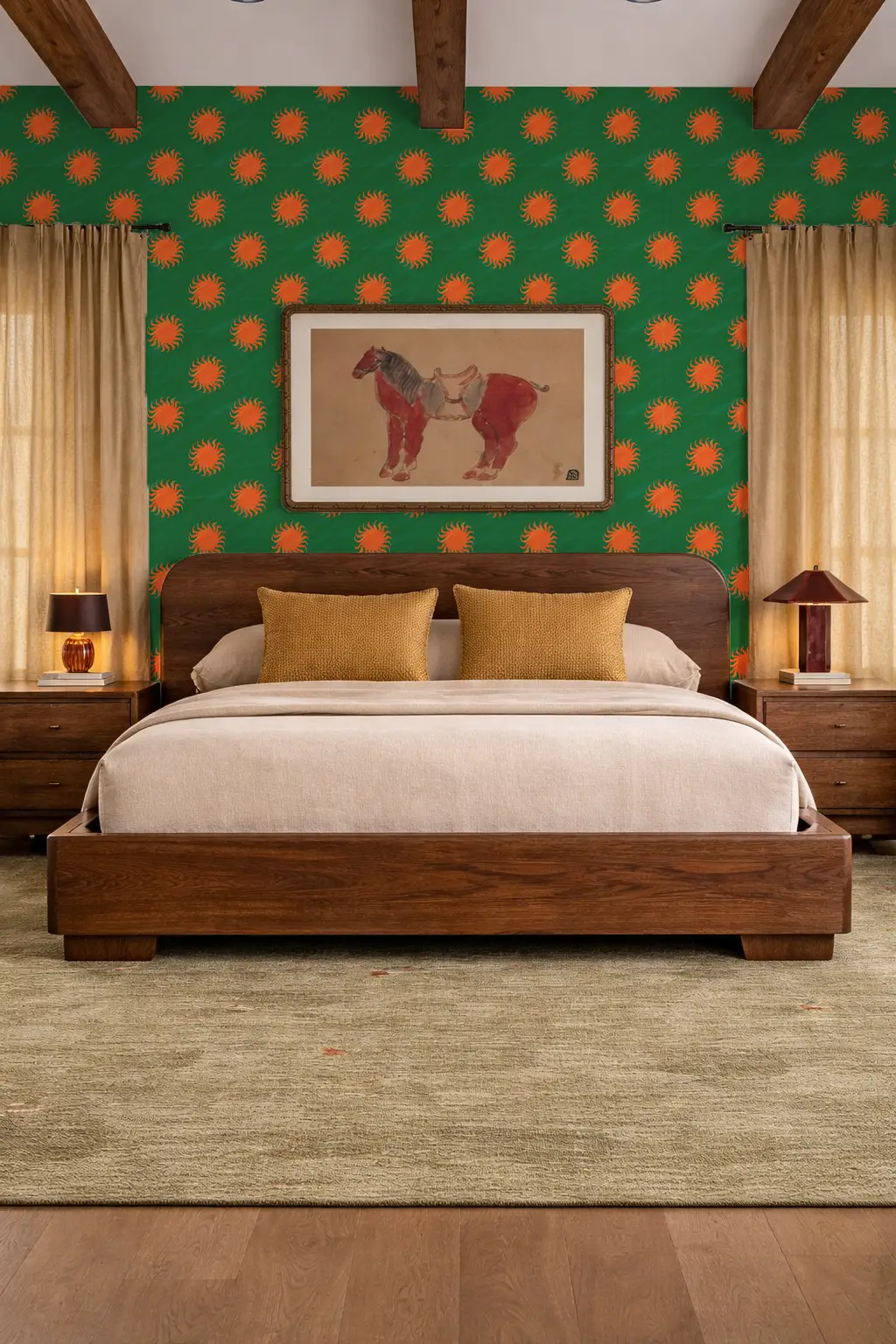 Sol Wallpaper Green and Orange artwork by Samantha Santana, sunburst bedroom wall decor on Tampa Home & Garden Store