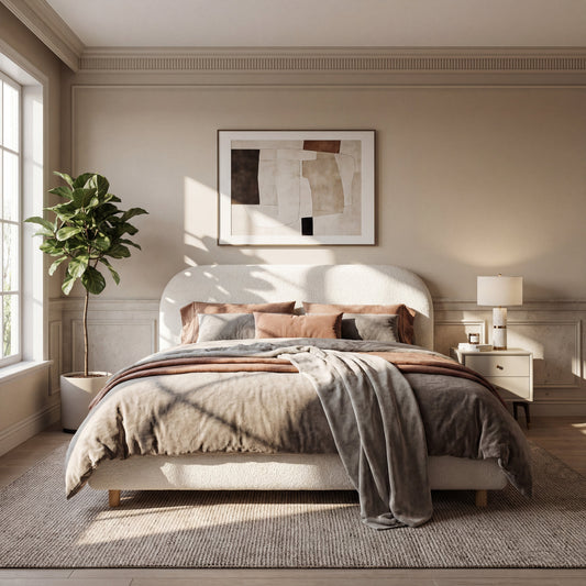 Queen size upholstered bed in beige bouclé fabric with neutral bedding in a sunlit bedroom on Tampa Home & Garden Store