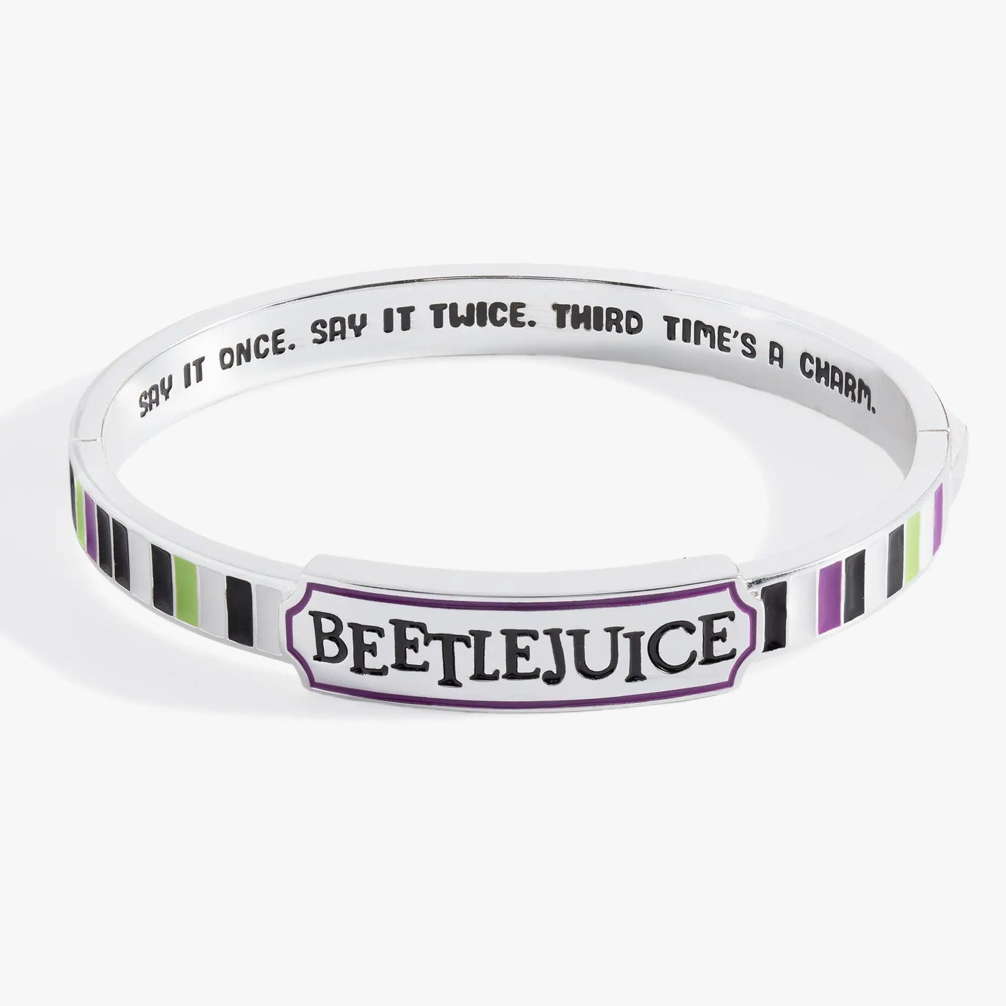 Beetlejuice bangle in white enamel with purple, lime green, and black striped edges on Tampa Home & Garden Store