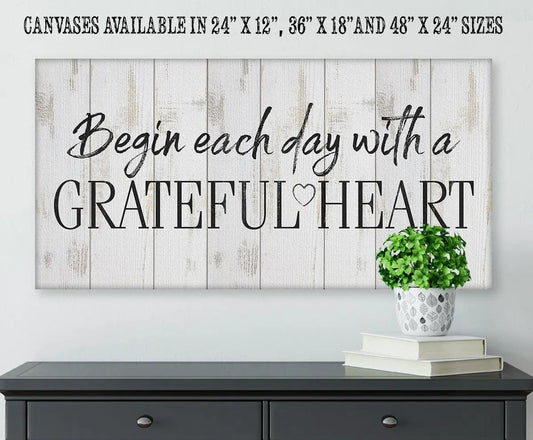 Begin Each Day canvas wall art with rustic whitewashed wood and grateful heart text, plant decor on Tampa Home & Garden Store