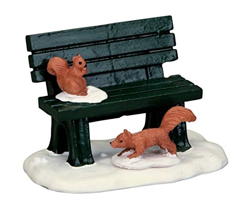 Winter Park Bench Scene with Squirrels, green wooden bench on snowy base with two squirrels on Tampa Home & Garden Store