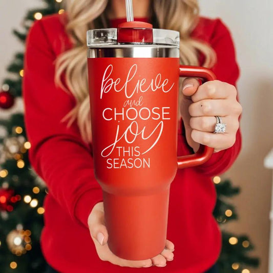 Believe + Joy 40oz travel mug tumbler by Gia Roma in red with white script on Tampa Home & Garden Store