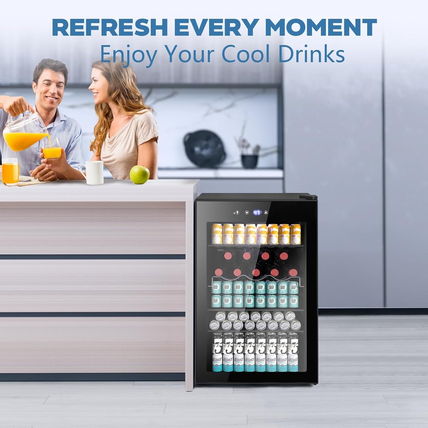 Refrigerador de bebidas de 4.5 pies cúbicos, mini refrigerador con puerta de vidrio para 145 latas W58128BH
