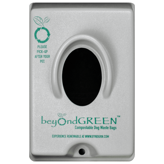 BeyondGREEN Single Pull Dog Waste Dispenser in silver metal with green logo and leaves on Tampa Home & Garden Store