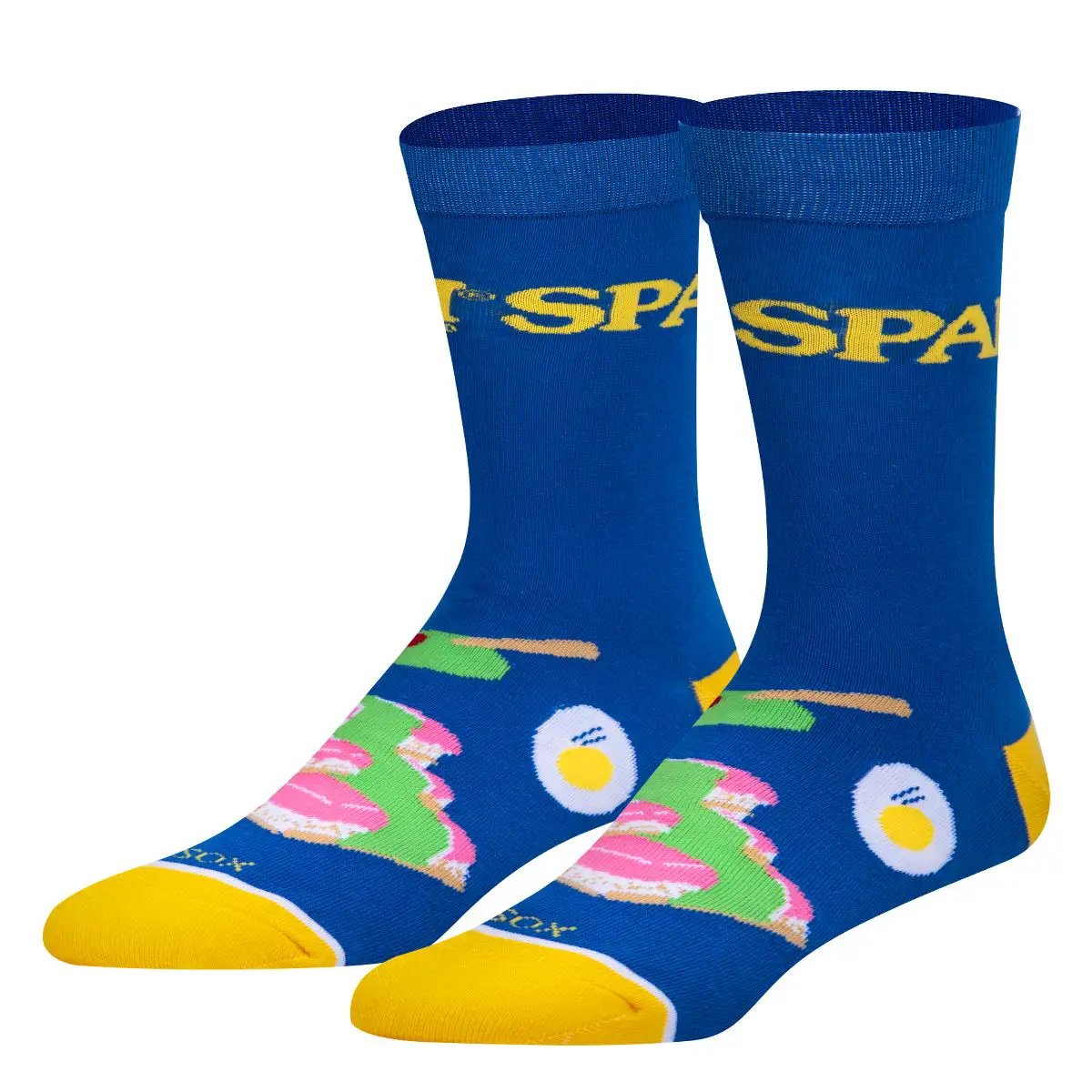 Spam Barbecue Crew Socks for men, blue crew socks with yellow toes and SPAM graphic on Tampa Home & Garden Store