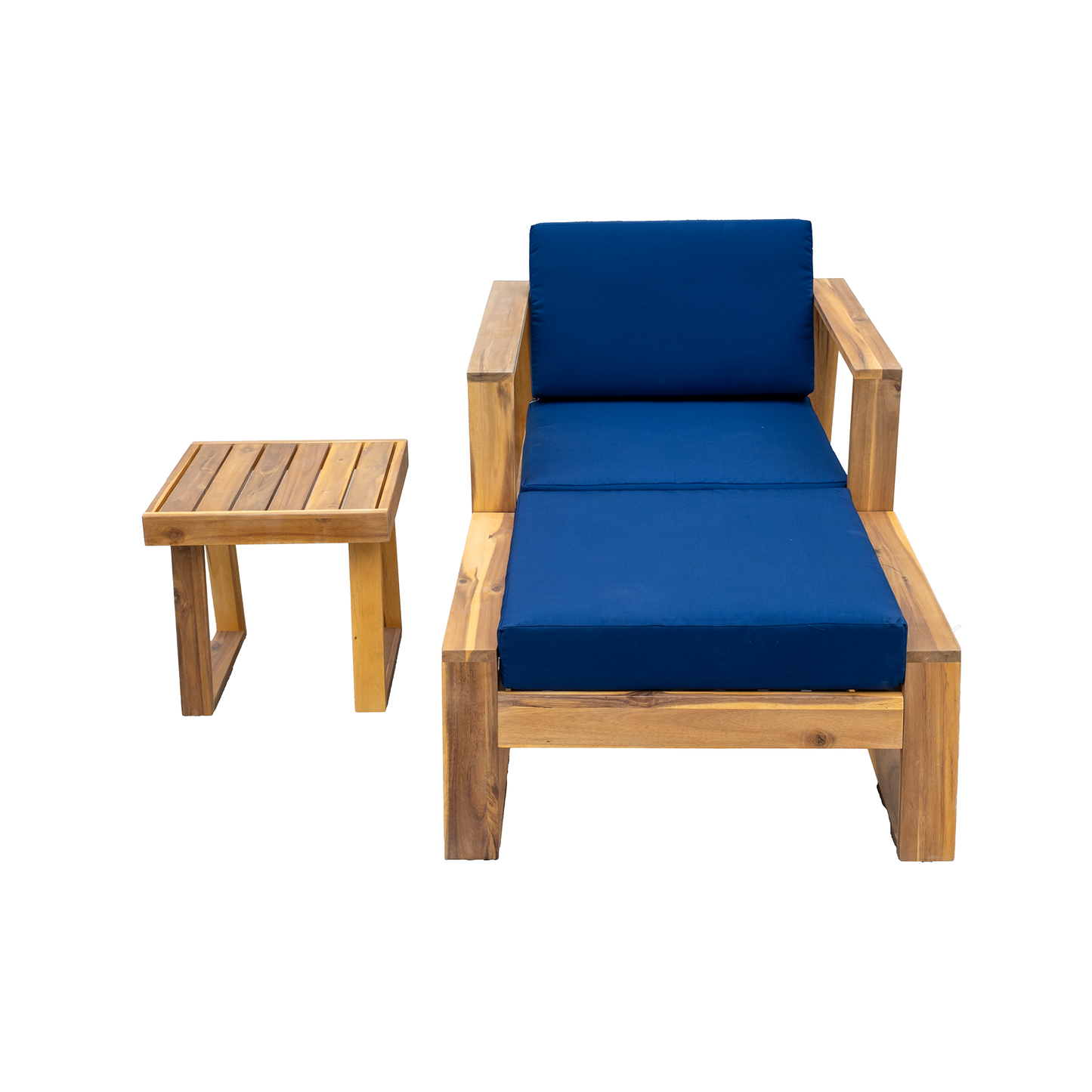 U_STYLE Acacia Wood Outdoor Lounge Set – Chair & Ottoman, blue cushions (2-piece) on Tampa Home & Garden Store