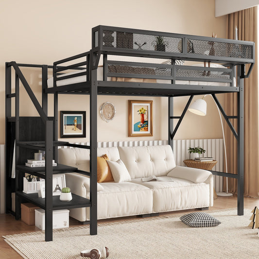 Twin size loft bed by HouseOfZazla with stairs, metal frame, meshpanels and storage shelves on Tampa Home & Garden Store
