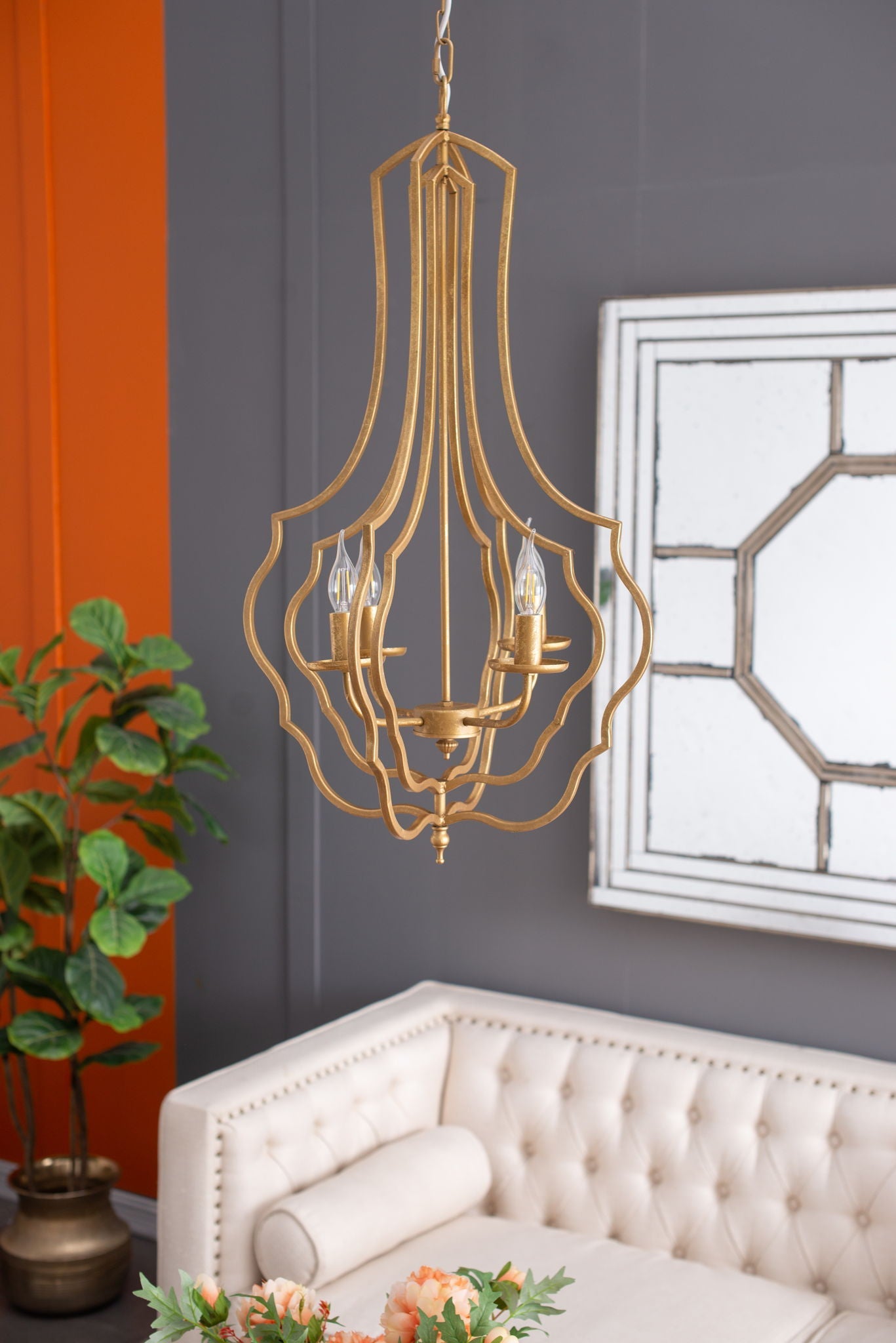 4-light gold chandelier with an open curved frame and adjustable chain by HouseOfZazla on Tampa Home & Garden Store
