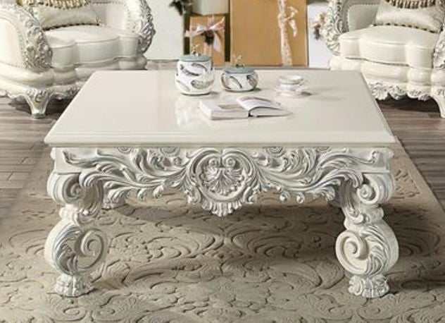Adara White Coffee Table with ornate carved floral scrollwork in white wood by HouseOfZazla on Tampa Home & Garden Store