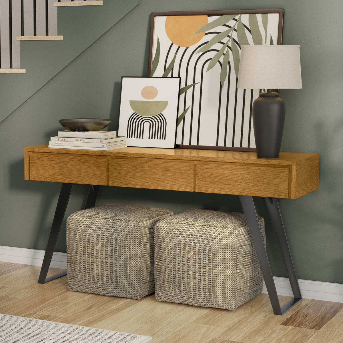 Oak Lowry console sofa table with storage drawers in oak finish, black metal angled legs on Tampa Home & Garden Store