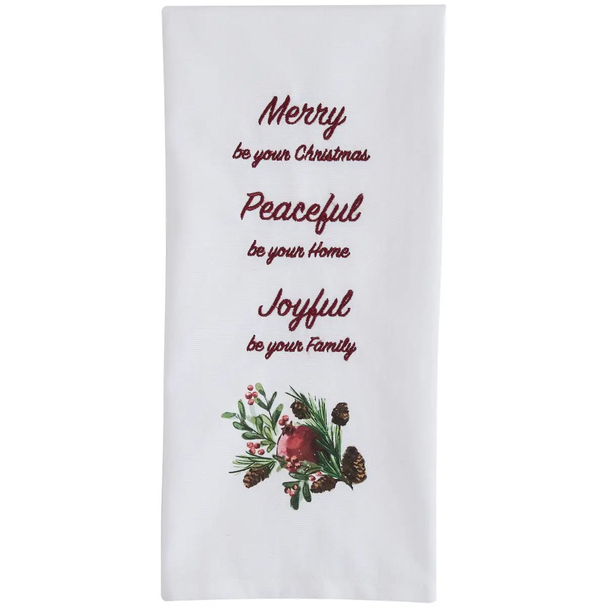 Pomegranate and Berries Dishtowel white kitchen towel with burgundy script and pinecone accents on Tampa Home & Garden Store