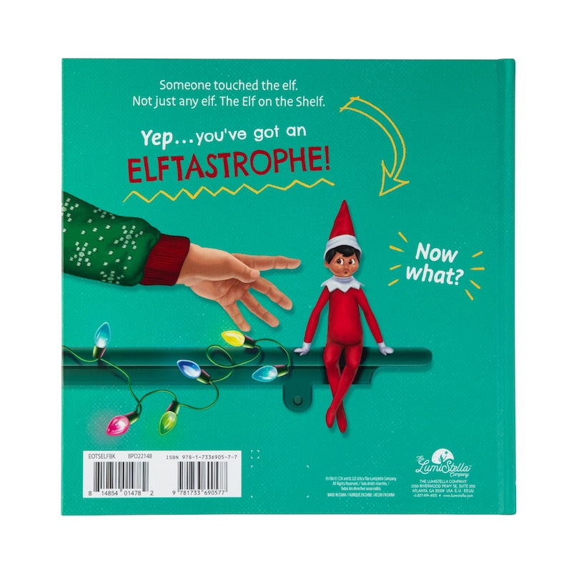 Elf on the Shelf in Case of Elftastrophe Book cover featuring a red elf and festive lights on Tampa Home & Garden Store