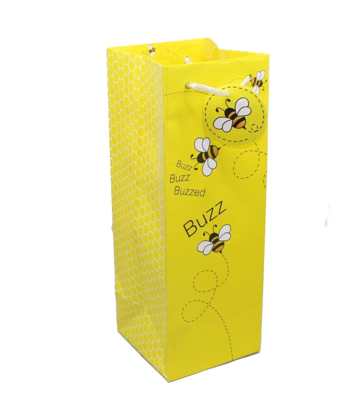 Buzz Buzz Buzzed Wine Bottle Gift Bag yellow bee honeycomb with handles Country Christmas Loft on Tampa Home & Garden Store