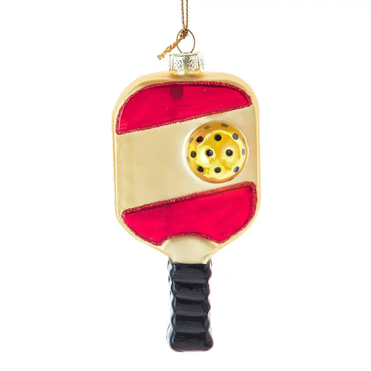 Glass pickleball paddle ornament with red panels and gold body black ribbed handle on Tampa Home & Garden Store
