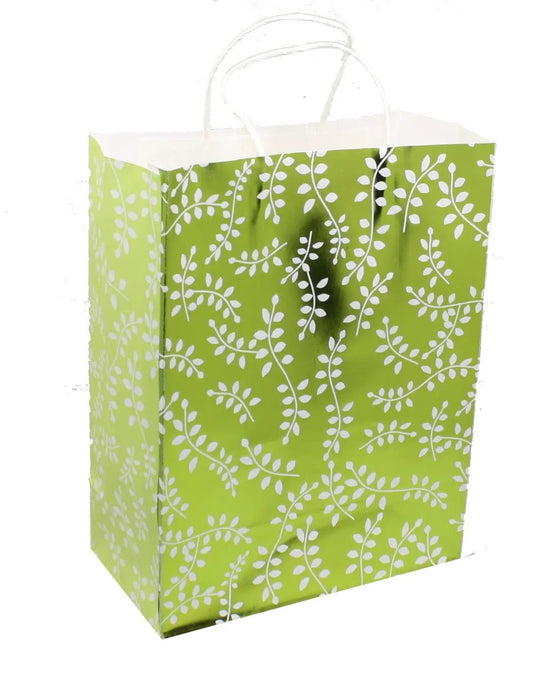 Large kraft gift bag 2-pack with foil vine pattern on lime green background, white handles on Tampa Home & Garden Store