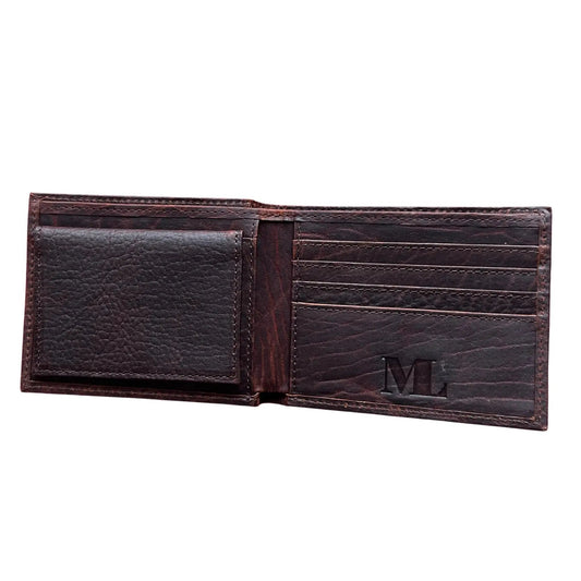 Full-Grain Bifold Leather Wallet with RFID, dark brown leather, ML logo, MiamiLeathers on Tampa Home & Garden Store