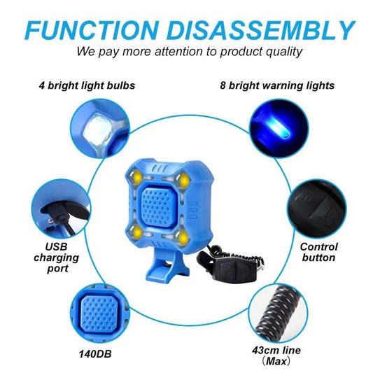 Stevvex bicycle bell with 4-LED light, USB rechargeable, waterproof, loud alarm on Tampa Home & Garden Store