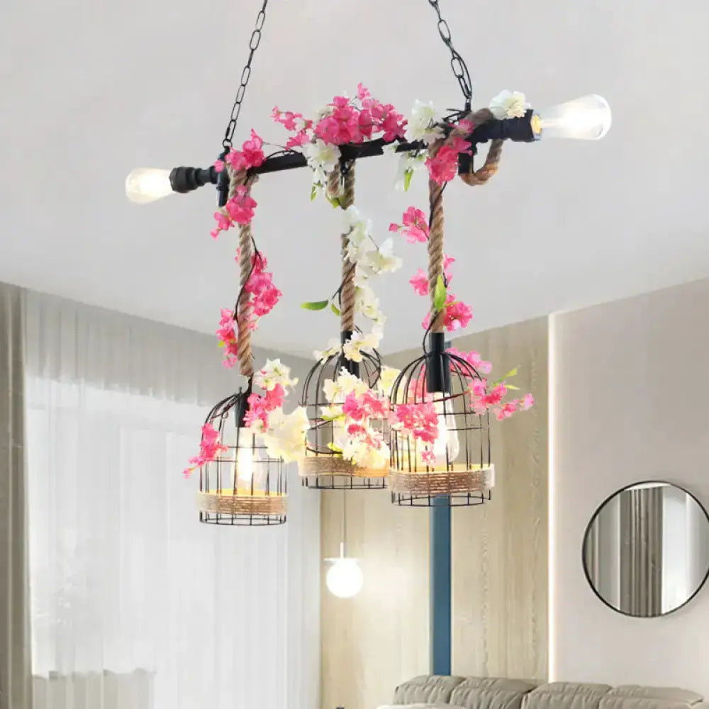 Rustic Birdcage Rope Light Pendant Autumn Leaves