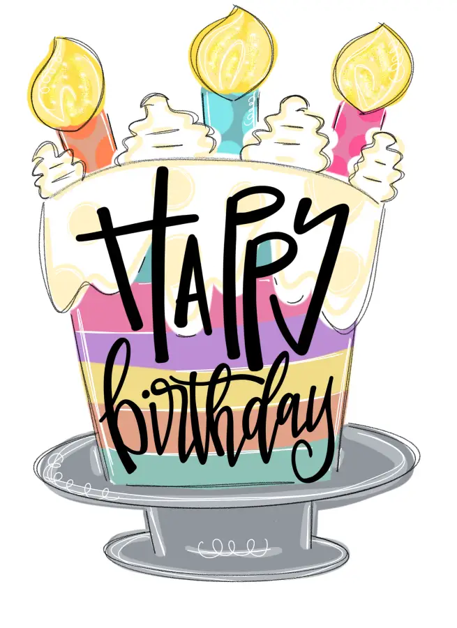 Birthday door hanger sign DecoExchange colorful birthday bucket illustration with candles on Tampa Home & Garden Store