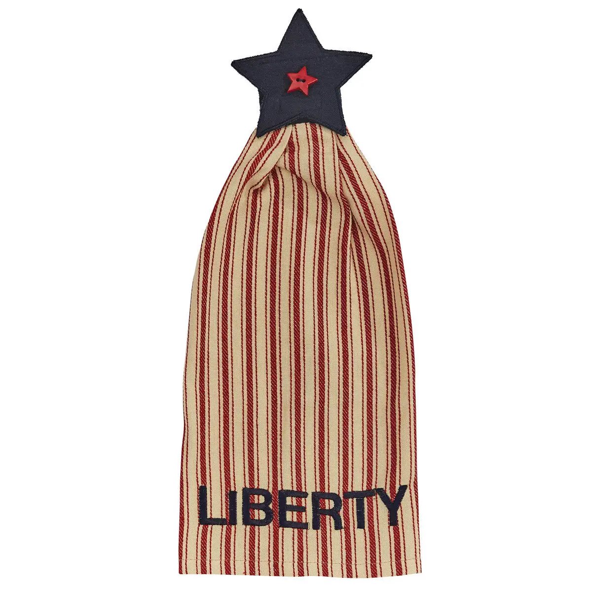 Star Spangled Liberty hand towel with beige-red stripes and navy star applique on Tampa Home & Garden Store