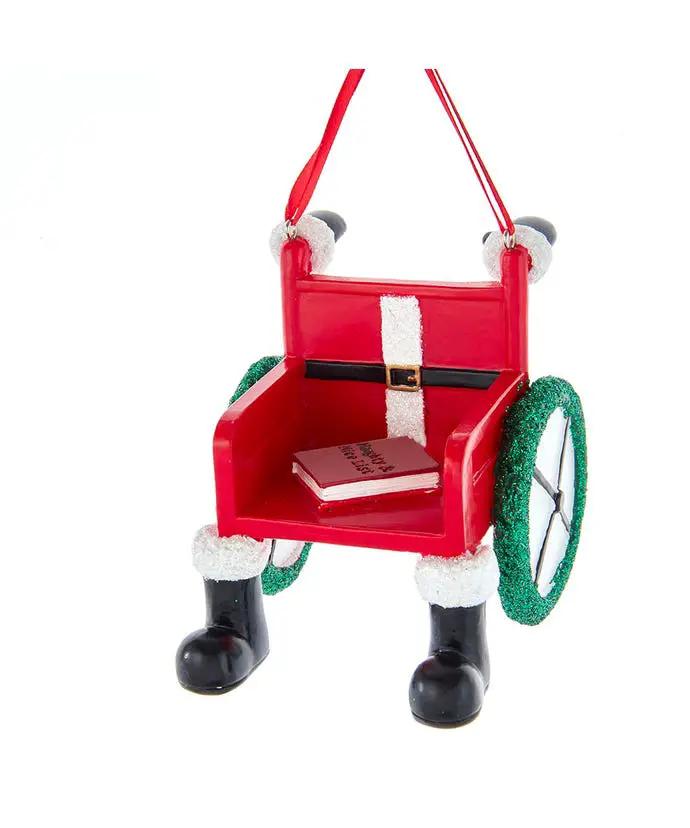 Santa Design Wheelchair Ornament red chair white fur trim green glitter wheels on Tampa Home & Garden Store