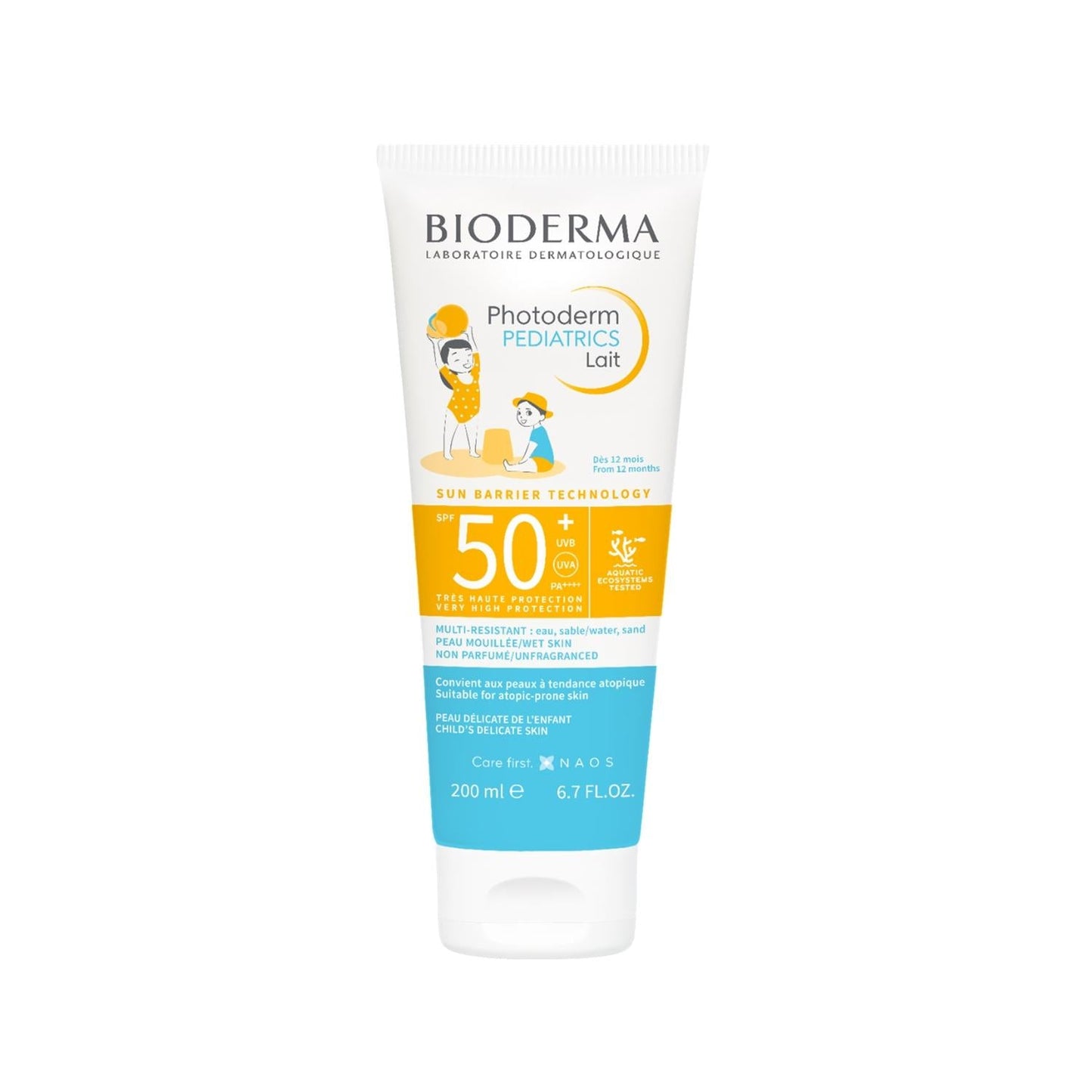 Bioderma Photoderm Pediatrics Lait SPF50+ kids sunscreen tube with blue and orange label on Tampa Home & Garden Store