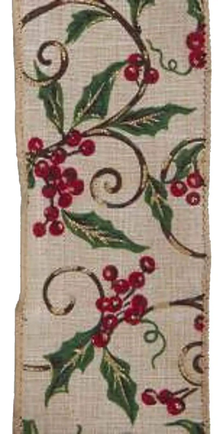 Holly Print Wire Ribbon 2.5in x 10yds with green holly leaves red berries on beige background on Tampa Home & Garden Store