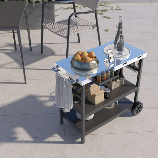 3 Tiers Foldable Outdoor Cart on 2 Wheels with Phone Holder-Black - Tampa Home & Garden Store