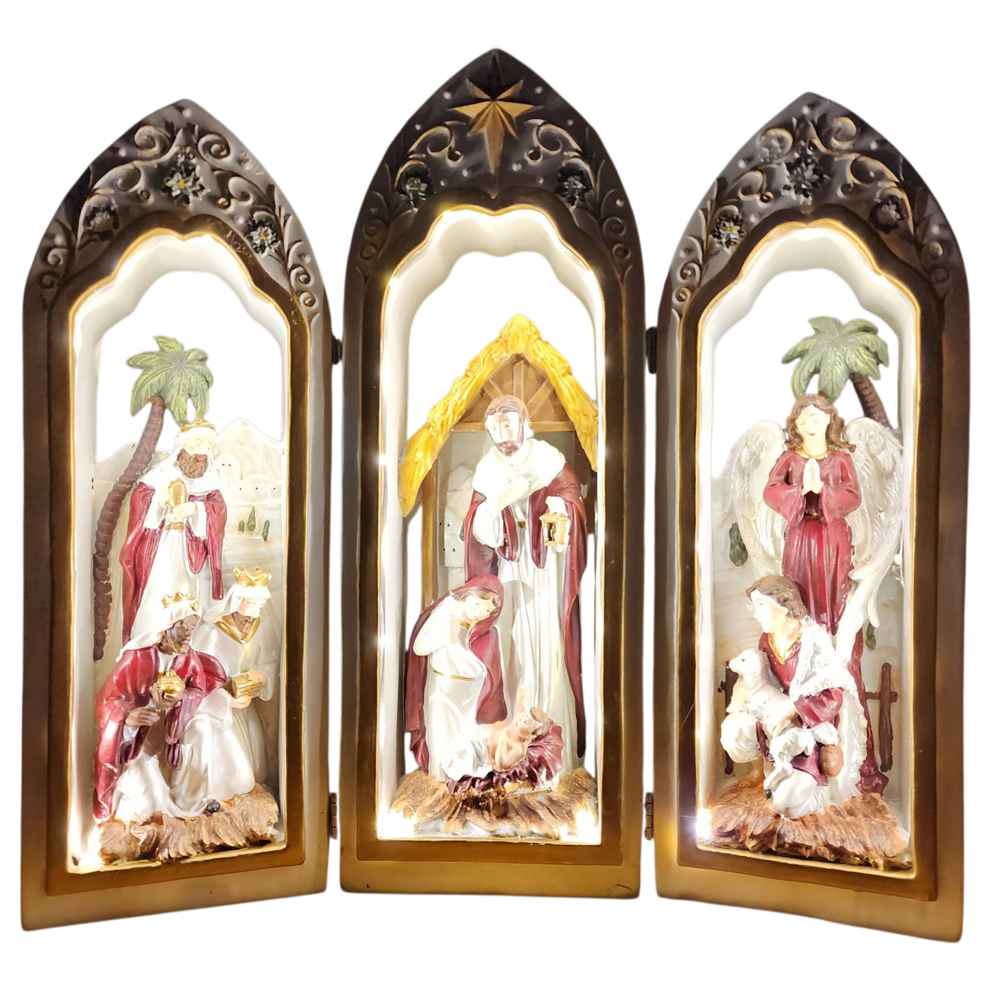 Lighted Holy Family Triptych nativity set with pearlized finish and scrollwork, 3 arched panels on Tampa Home & Garden Store