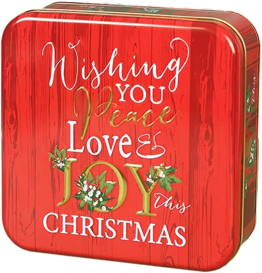 Christmas cookie tin red embossed square with Joy Peace Love by The Country Christmas Loft on Tampa Home & Garden Store