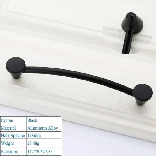 Cabinet pull handle Stevvex black aluminum alloy curved with round backplates 128mm spacing on Tampa Home & Garden Store