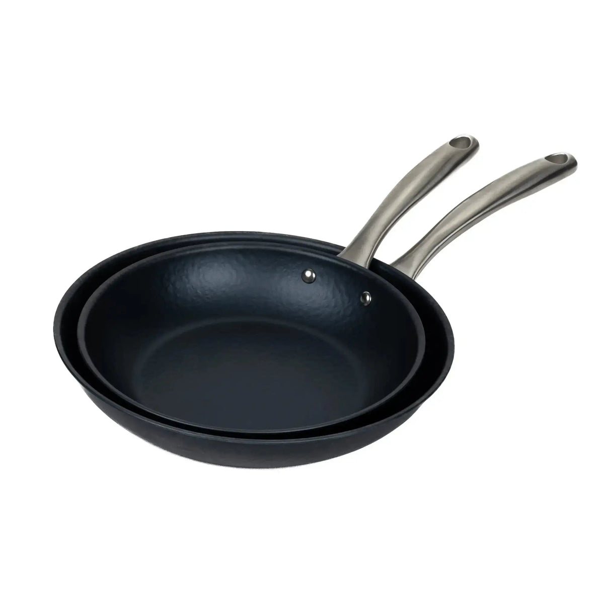 Carbon steel frying pan with dual stainless handles, black interior on Tampa Home & Garden Store