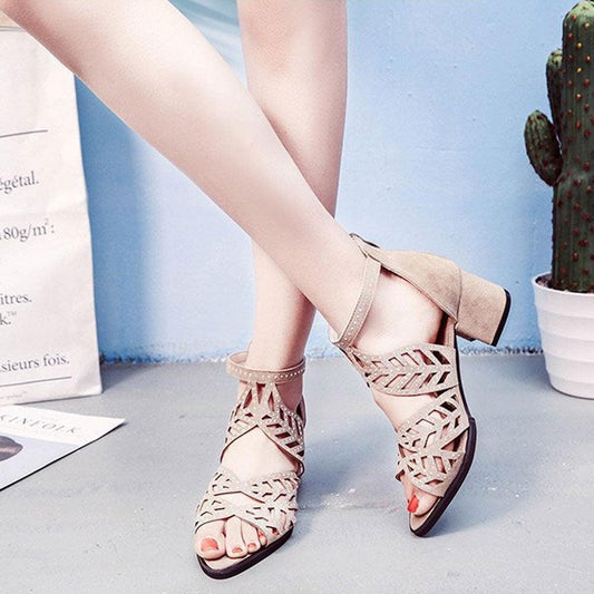 Beige lattice-cutout sandals by Stevvex with ankle strap and low block heel on Tampa Home & Garden Store