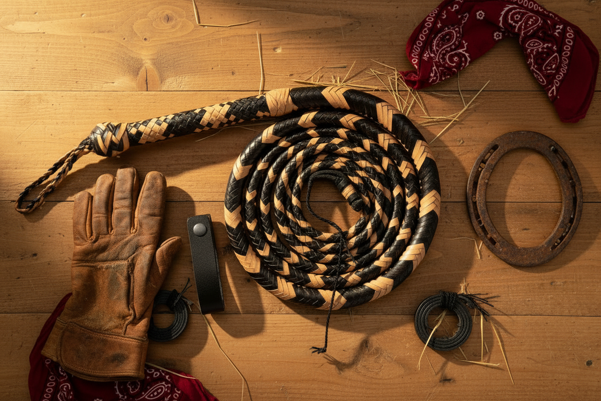 Genuine cowhide classic whip by Frontier Cowboy Gear, bold tan and black stock bull whip on Tampa Home & Garden Store