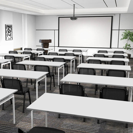 5 Stackable Conference Chairs with Mesh Back in a modern conference room with white tables on Tampa Home & Garden Store
