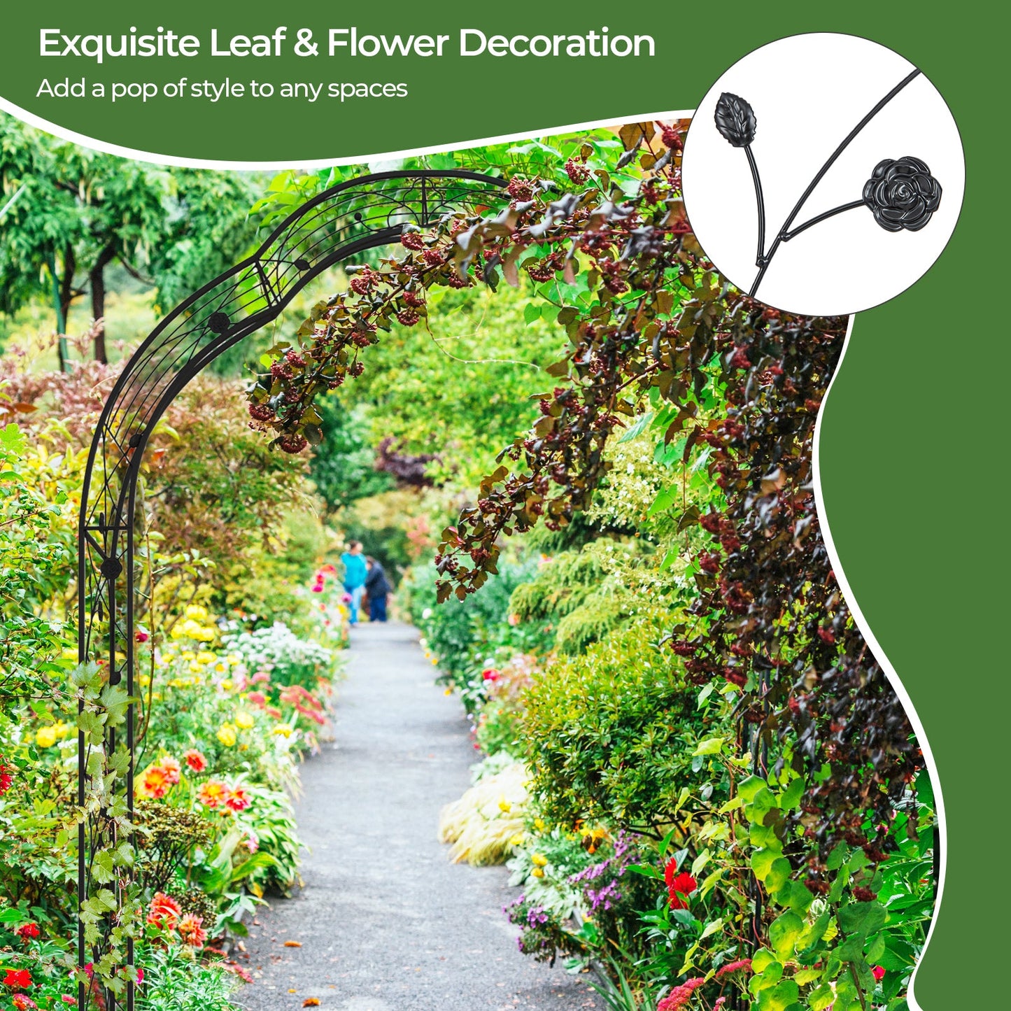 Black metal garden arch trellis for climbing plants with leaf and flower scrollwork on Tampa Home & Garden Store