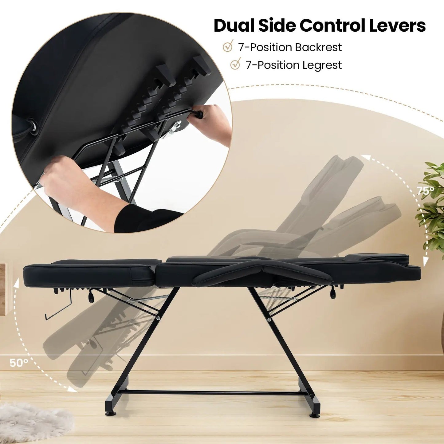 73 Inch facial chair set in black with removable headrest and dual side control levers on Tampa Home & Garden Store