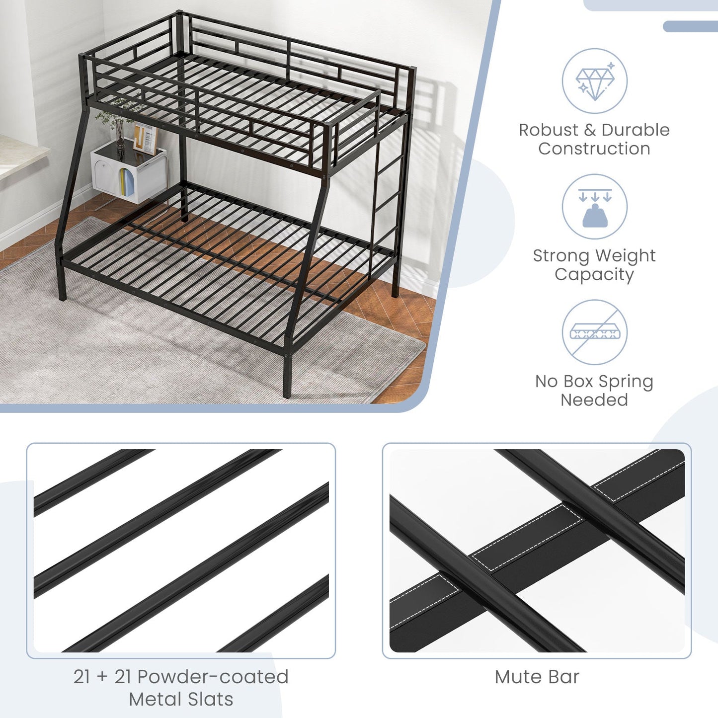 Estructura de cama metálica con somier de láminas que ahorra espacio para adolescentes y adultos, sin ruido, no necesita somier, color negro
