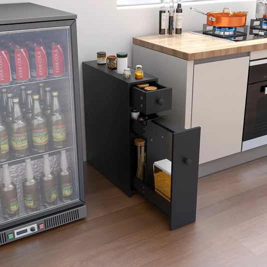 Black Bathroom Cabinet Space Saver Organizer DirectDeals with pull-out spice drawer beside a beverage fridge on Tampa Home & Garden Store