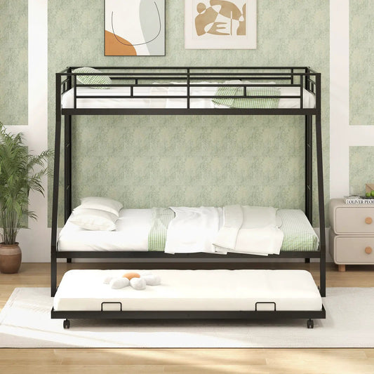 Twin over full bunk bed with trundle in black metal frame for guest room on Tampa Home & Garden Store