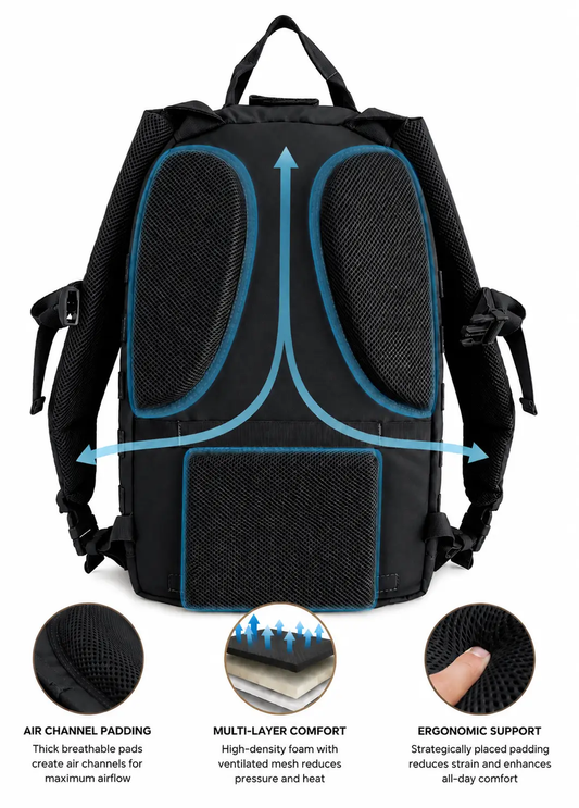 SquatchSurvivalGear Mothman Backpack black EDC small backpack with blue air-channel padding on Tampa Home & Garden Store