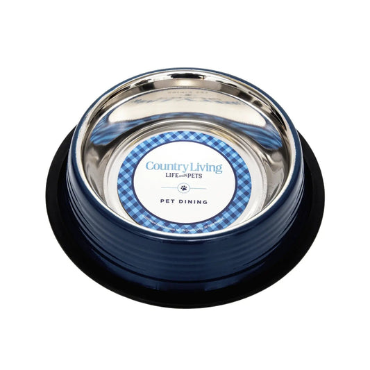 Country Living blue ribbed non-slip pet bowl with stainless steel interior on Tampa Home & Garden Store