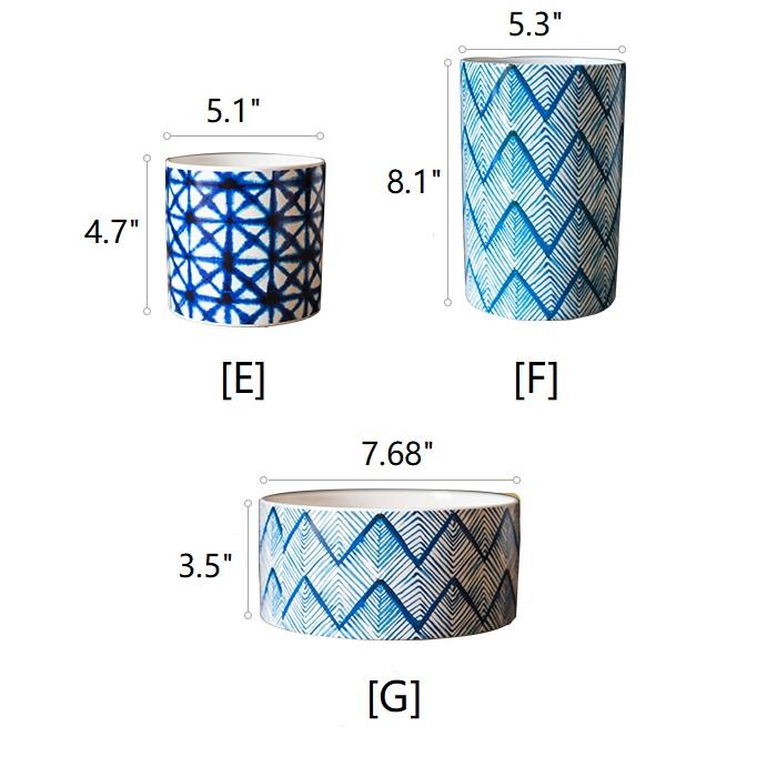 Blue Print Ceramic Vase Planter set by RusticReach; three geometric vases small tall wide on Tampa Home & Garden Store