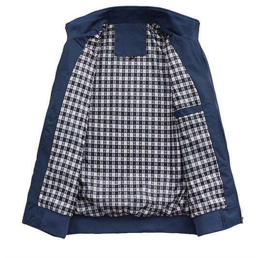 Men's blue lightweight windbreaker jacket by Stevvex with black-white checkered lining on Tampa Home & Garden Store