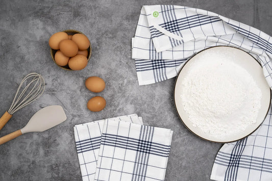 Windowpane Kitchen Towels, 100% cotton, white with blue grid pattern, Organic Cotton Mart set on Tampa Home & Garden Store