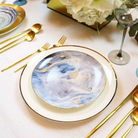 Narrow Gold Rim Dinner Plate Set of 4 by little white dish with blue marble center on Tampa Home & Garden Store