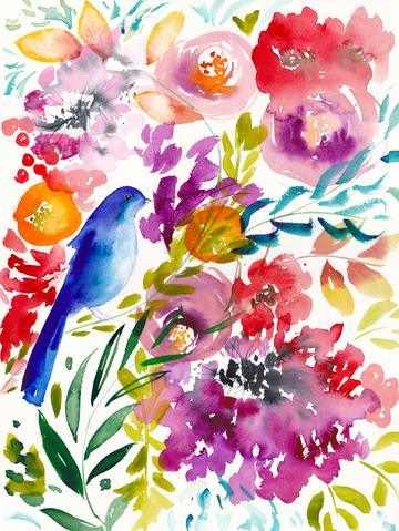 Lámina artística "Pájaro azul entre las flores" – Arte mural de naturaleza de archivo