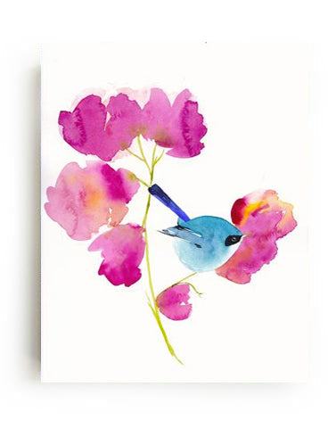 Lámina decorativa "Pájaro azul en las flores" – Decoración de pared vibrante de la naturaleza, Calidad de archivo, Listo para colgar