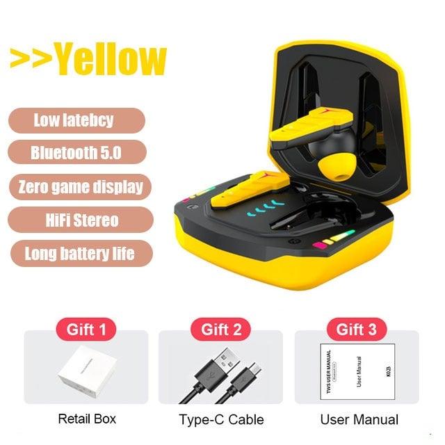 Stevvex yellow Bluetooth 5.0 in-ear gaming headphones with charging case on Tampa Home & Garden Store